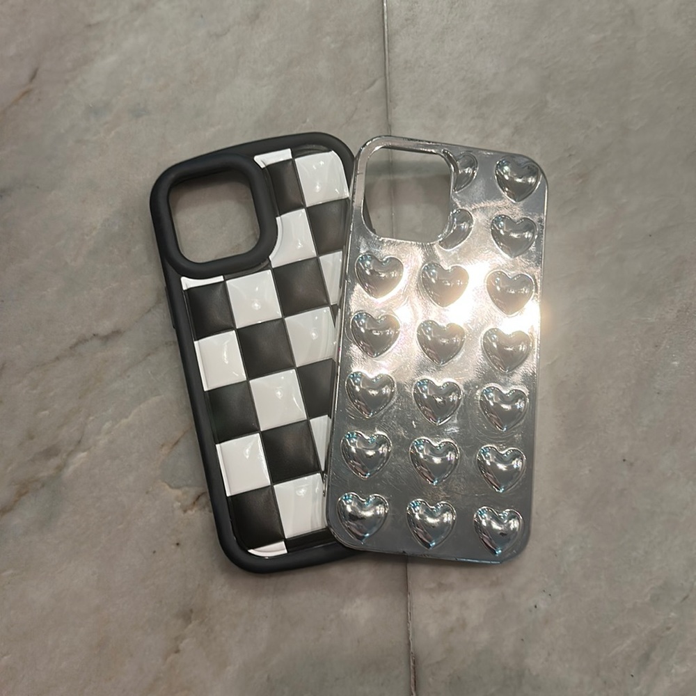 12 Pro Max cases Checkered Puffer black and white and chrome puffer hearts